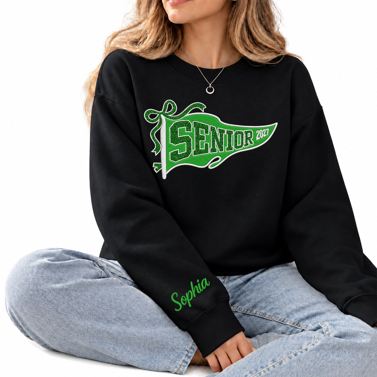 Senior Sweatshirt Pennant Flag Ribbon Glitter Embroidery Custom Name Sleeve Gift
