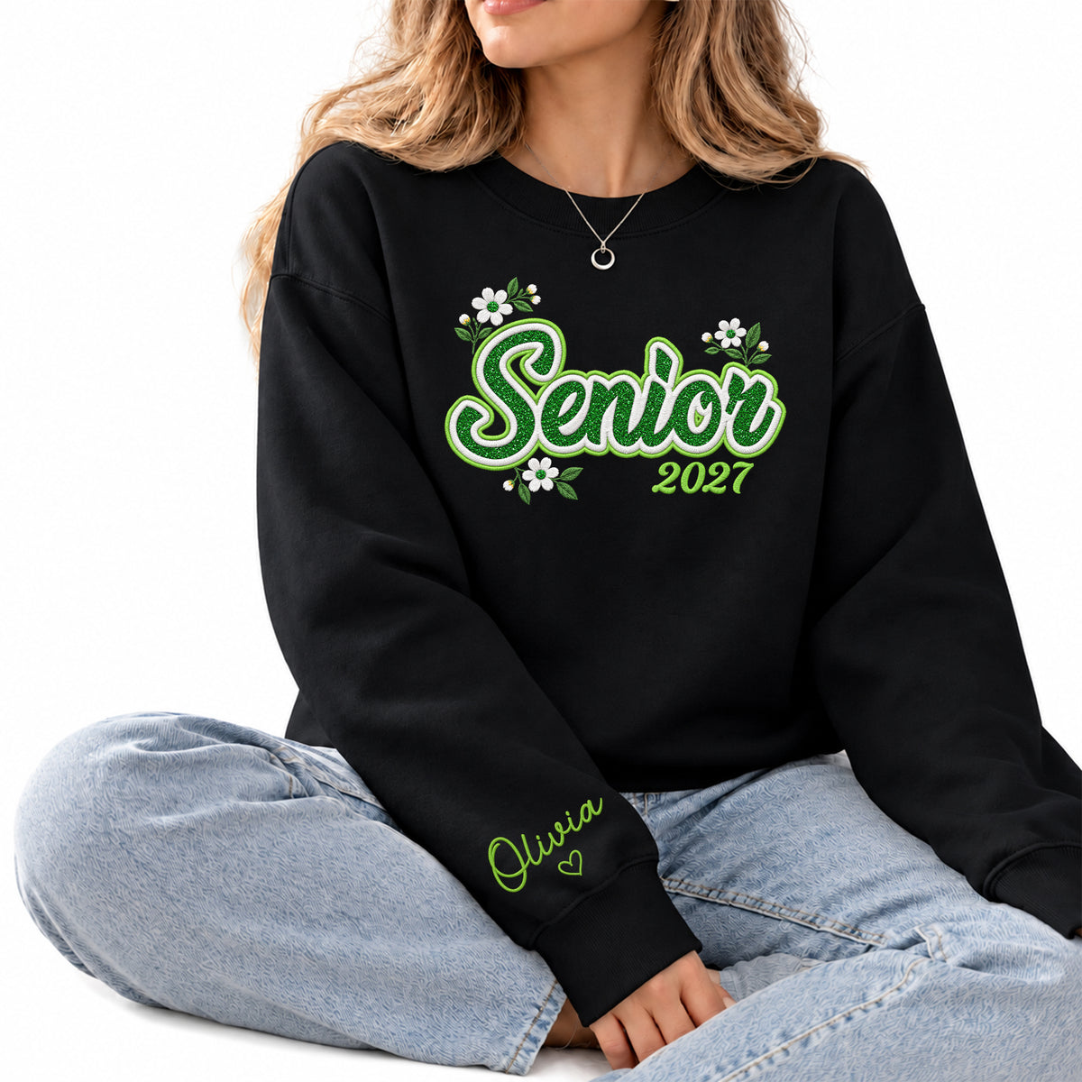 Senior Sweatshirt Floral Daisy Glitter Embroidery Custom Name Sleeve Grad Gift