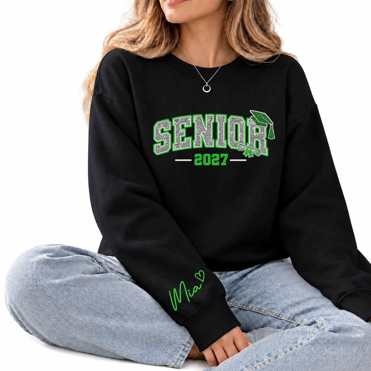 Senior Sweatshirt Grad Cap Diploma Silver Glitter Embroidery Custom Name Sleeve