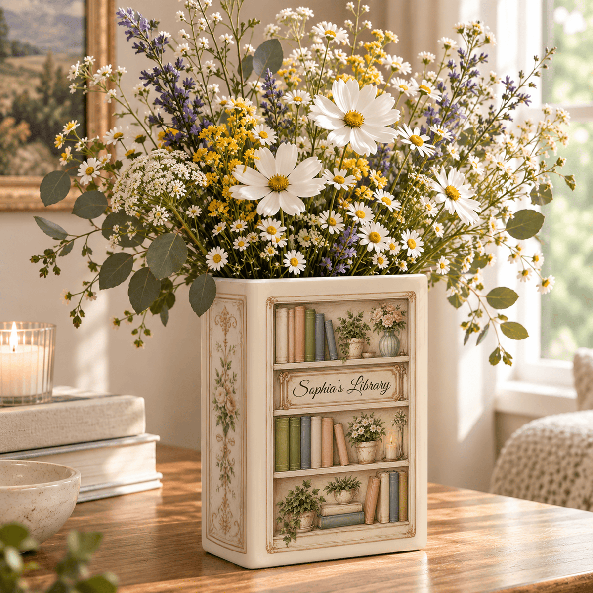 Custom Book Shelf Flower Vase Library Botanical Floral Vase Home Accent Piece Holder
