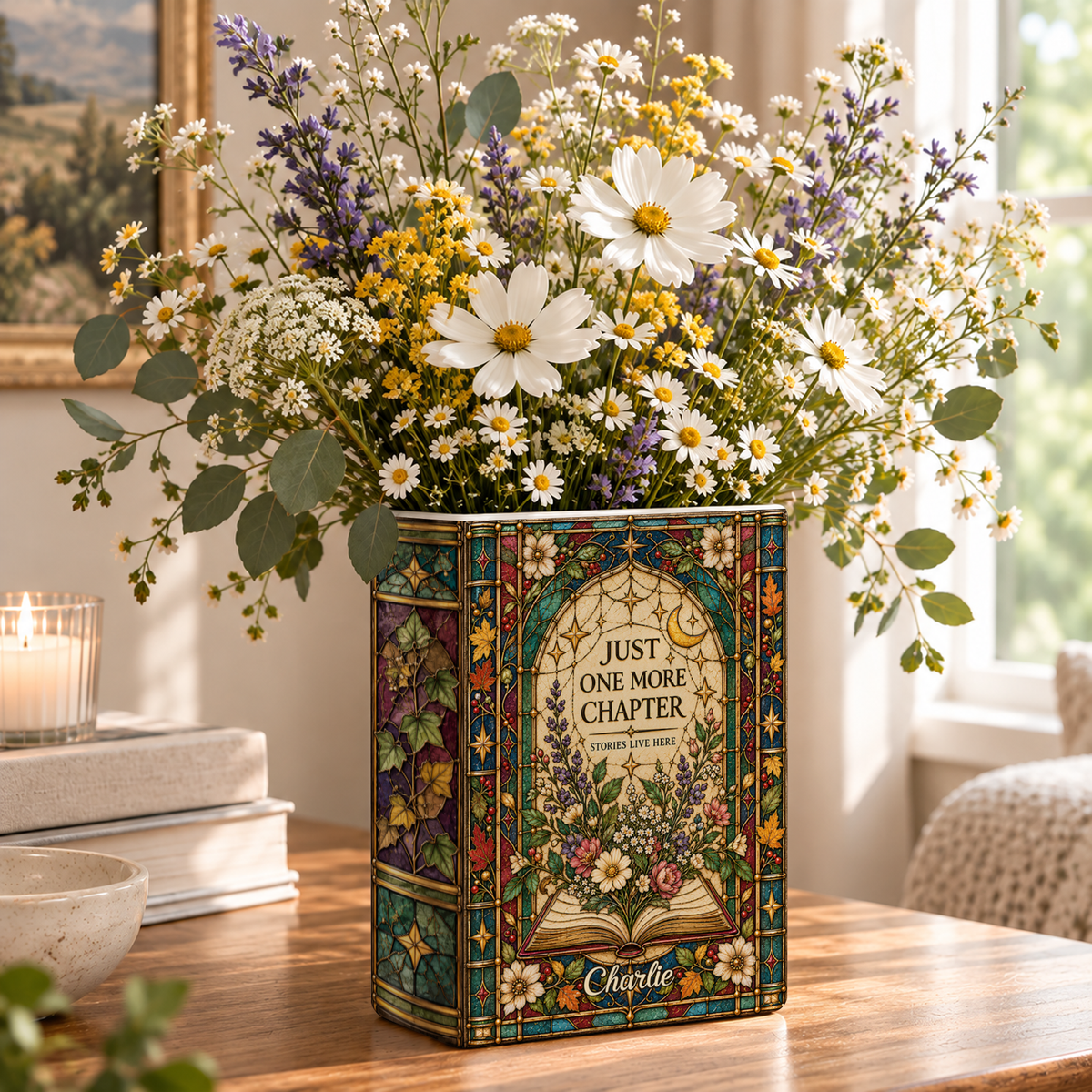 Custom Book Vase Just One More Chapter Stained Glass Floral Flower Holder Centerpiece
