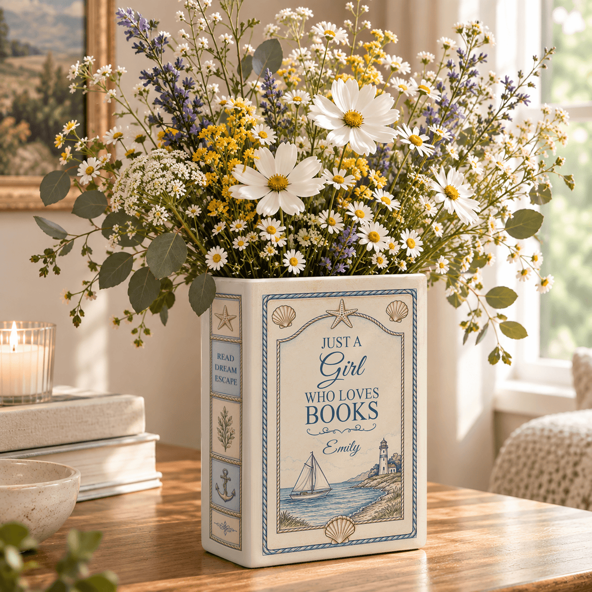 Custom Book Vase Just A Girl Who Loves Books Nautical Floral Flower Holder Centerpiece