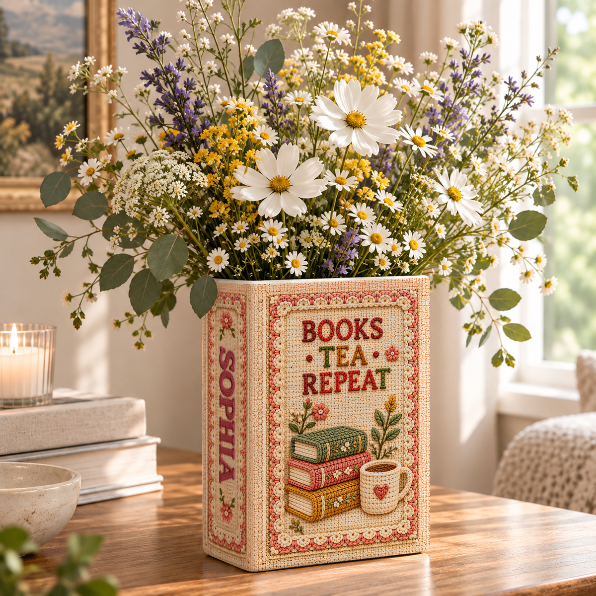 Custom Book Flower Vase Books Tea Repeat Floral Centerpiece Bookish Gift for Book Lovers