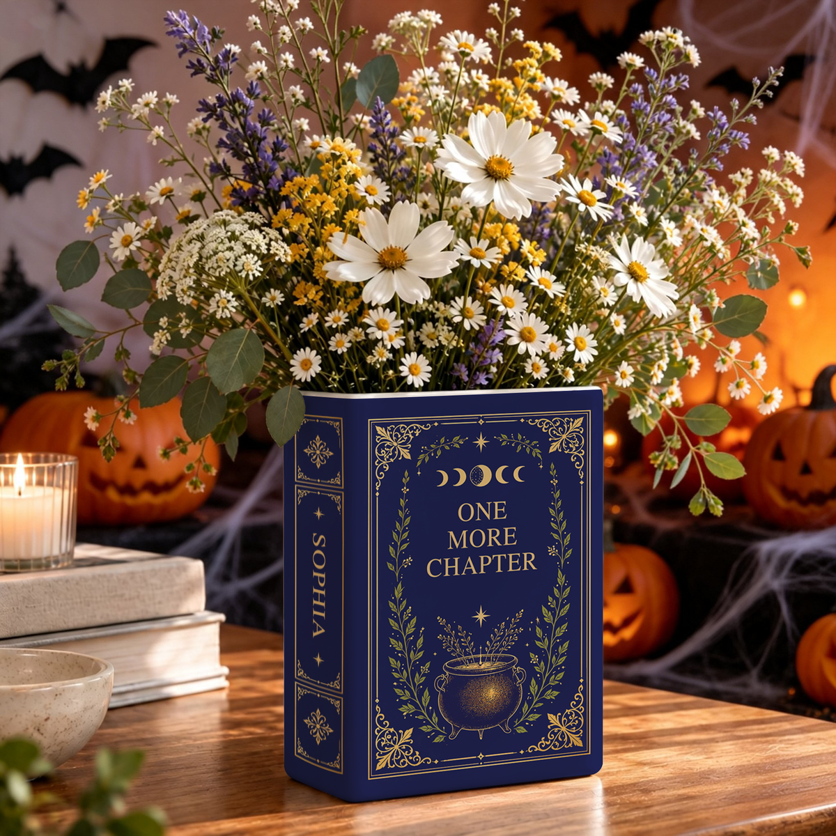 Custom Book Flower Vase One More Chapter Spooky Halloween Floral Bookish Decor Gift