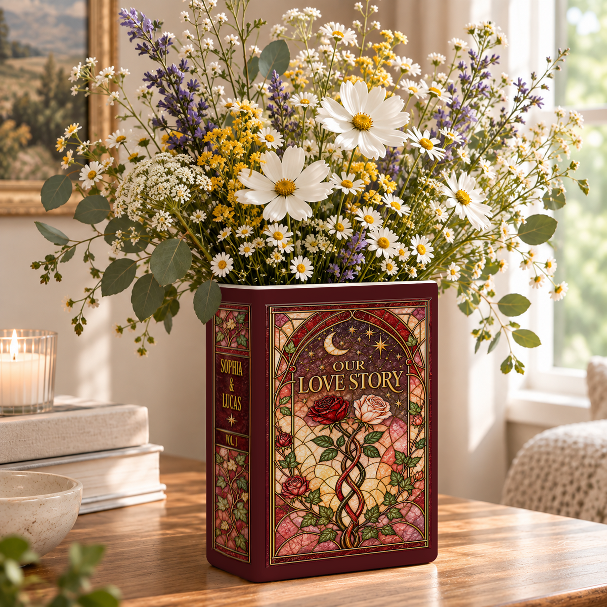 Custom Wedding Book Vase Stained Glass Roses Ceramic Flower Tabletop Floral Planter Pot