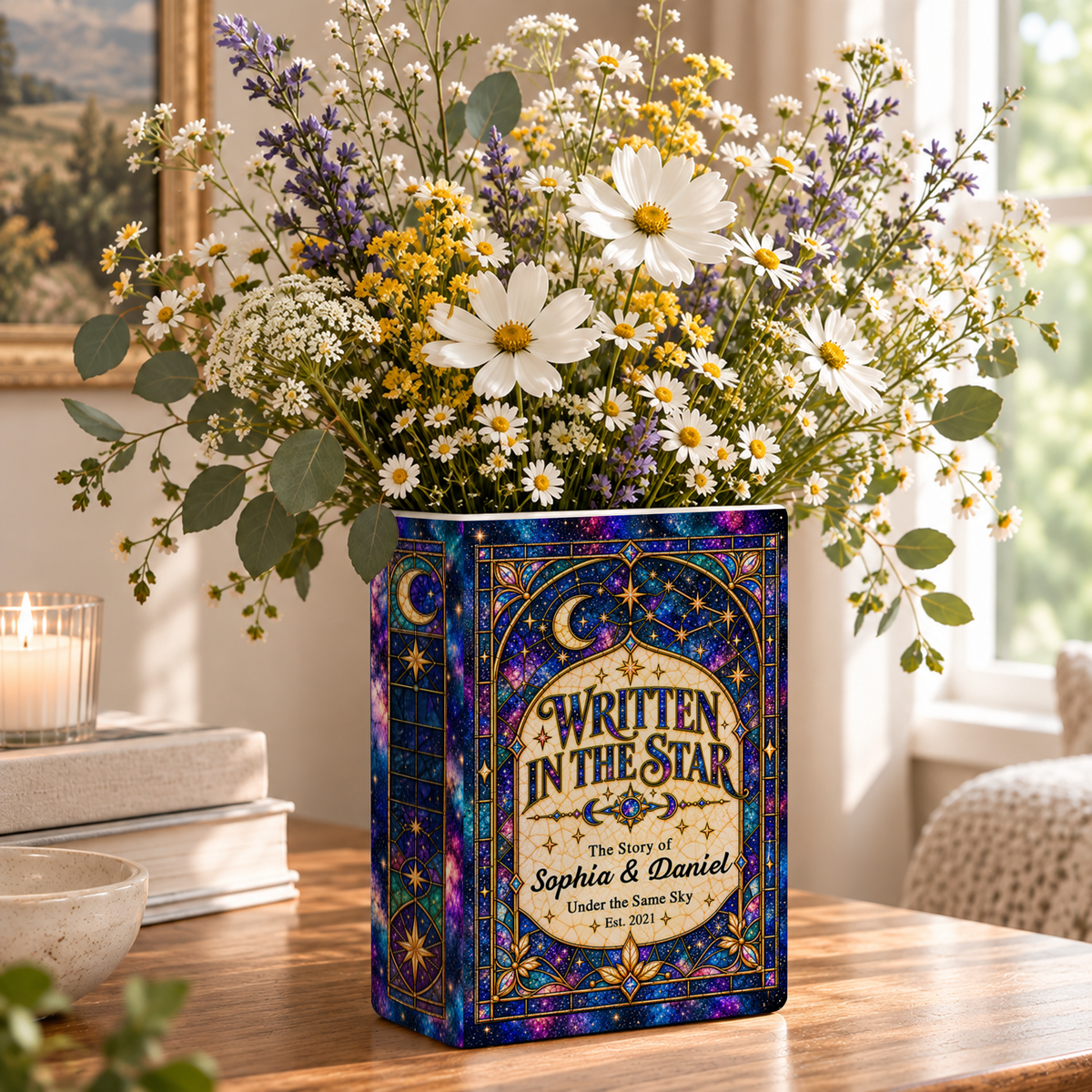 Custom Wedding Book Vase Celestial Galaxy Starry Sky Ceramic Flower Tabletop Holder