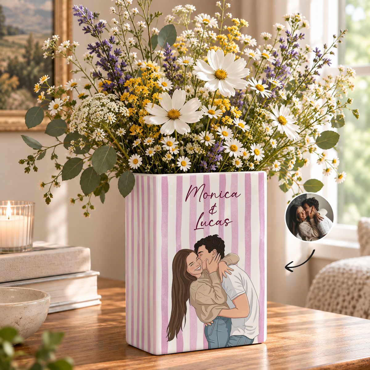 Custom Wedding Book Vase Couple Portrait Striped Pattern Ceramic Flower Tabletop Holder