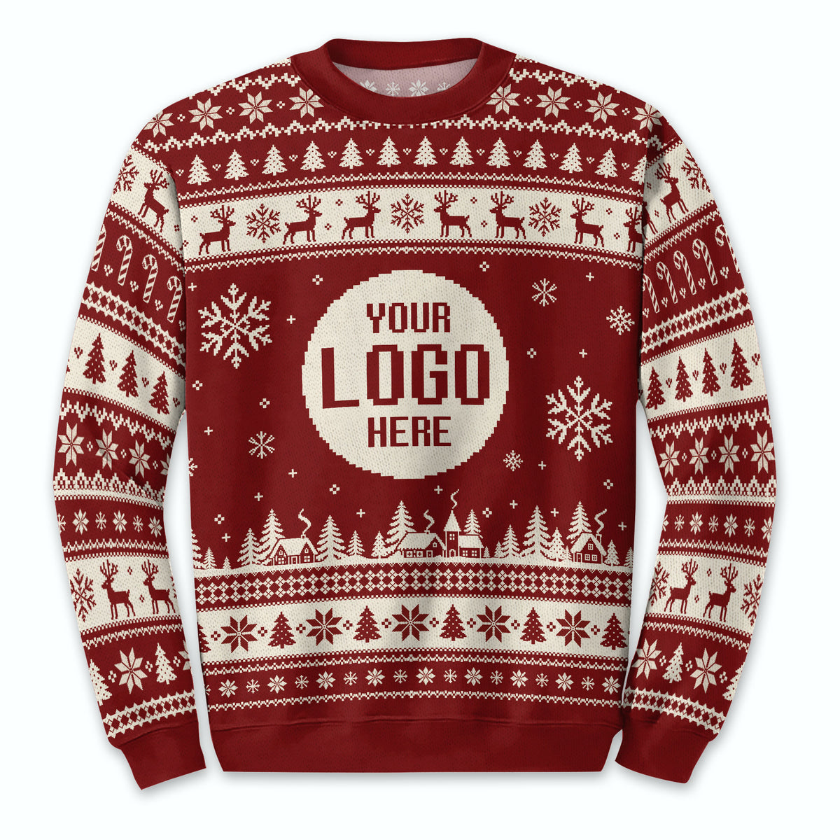 Custom Logo Ugly Christmas Sweater Red Reindeer Fair Isle Pattern Holiday Jumper