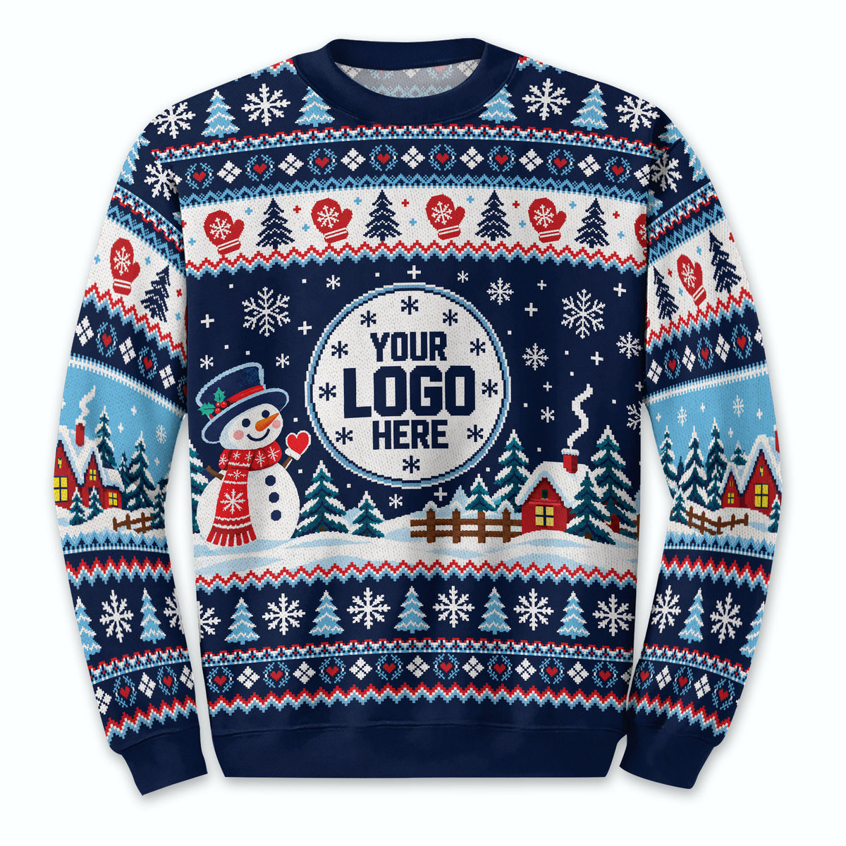 Custom Logo Ugly Sweater Snowman Winter Village Patterned Xmas Party Pullover
