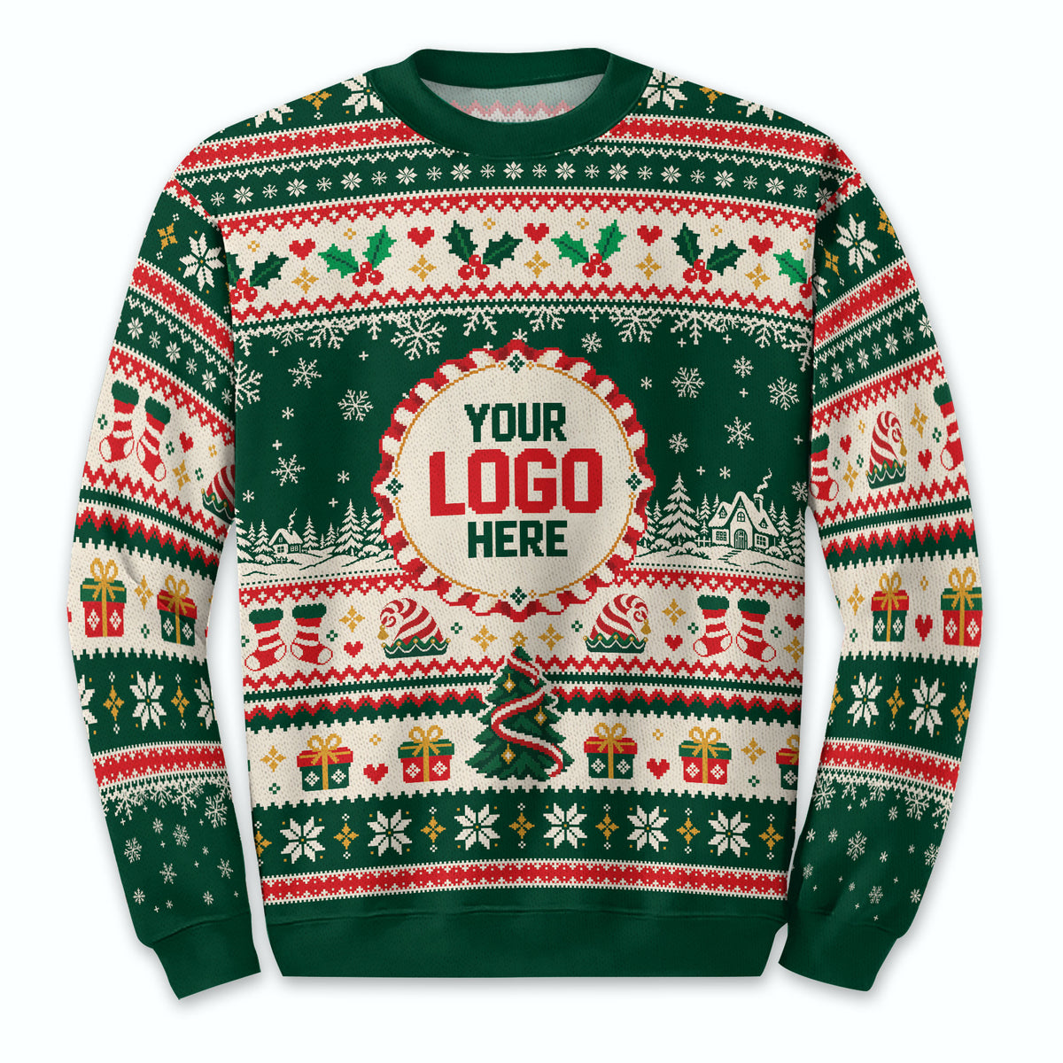 Custom Logo Ugly Christmas Sweater Holly Berry Stocking Patterned Holiday Jumper