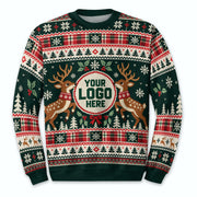 Custom Logo Ugly Sweater Green Reindeer Holly Berry Plaid Patterned Xmas Pullover
