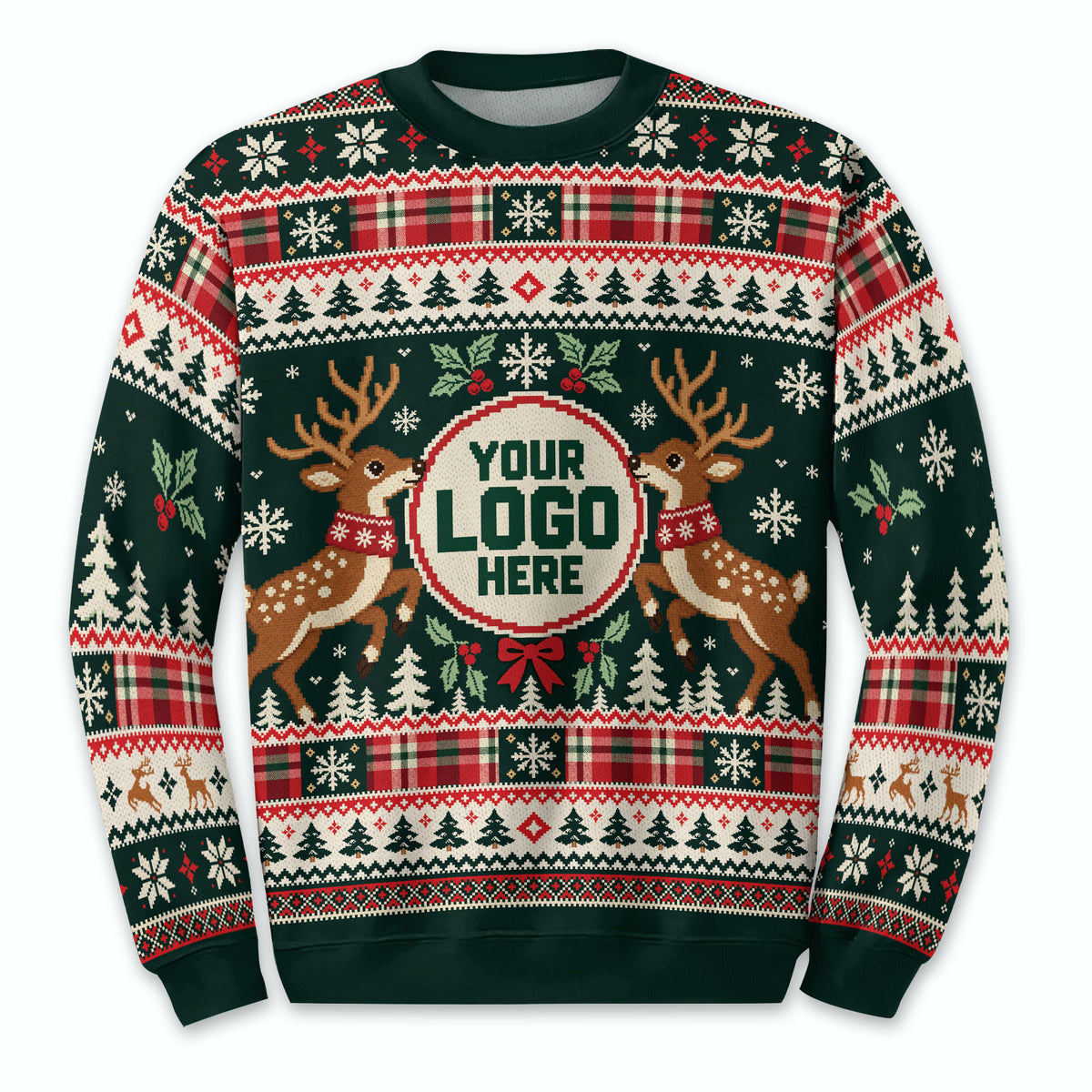 Custom Logo Ugly Sweater Green Reindeer Holly Berry Plaid Patterned Xmas Pullover