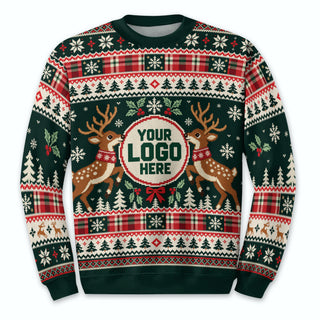 Custom Logo Ugly Sweater Green Reindeer Holly Berry Plaid Patterned Xmas Pullover