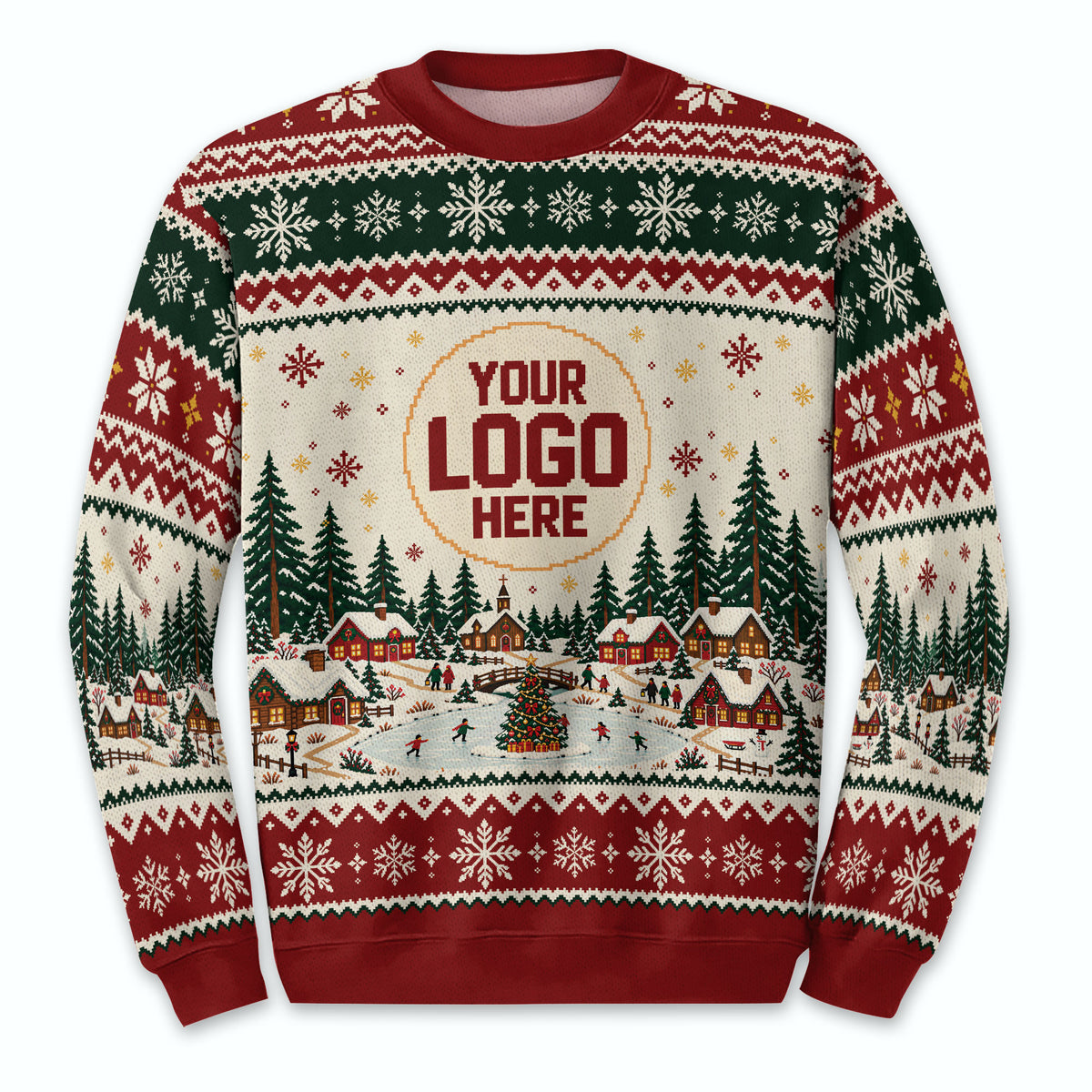 Custom Logo Ugly Christmas Sweater Snowy Village Ice Skating Patterned Holiday Jumper