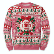 Custom Logo Ugly Christmas Sweater Pink Wreath Red Bow Heart Patterned Holiday Jumper
