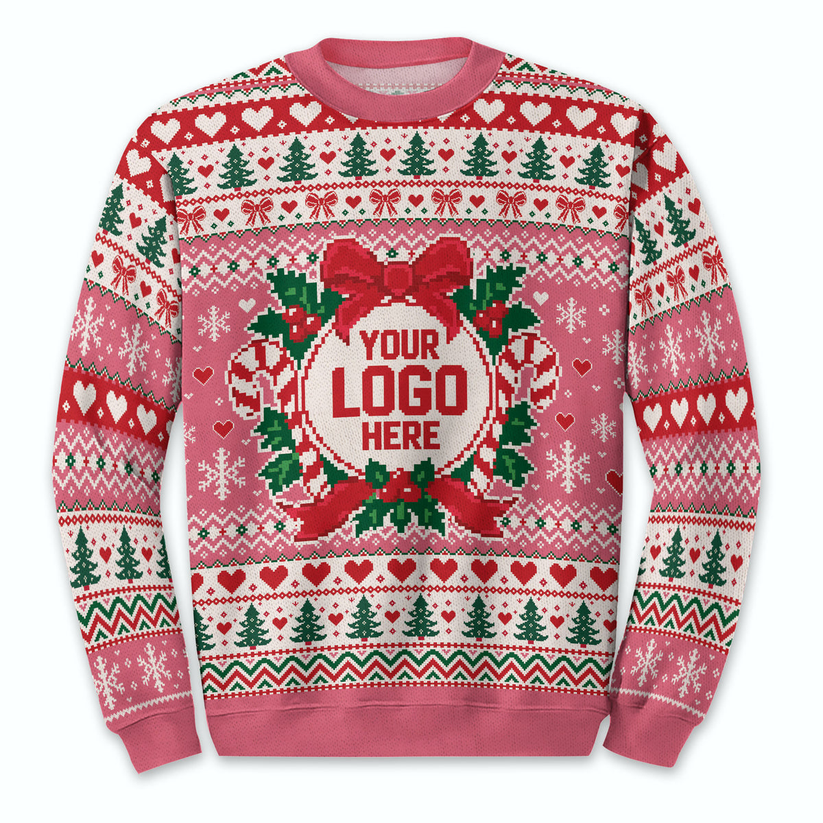Custom Logo Ugly Christmas Sweater Pink Wreath Red Bow Heart Patterned Holiday Jumper