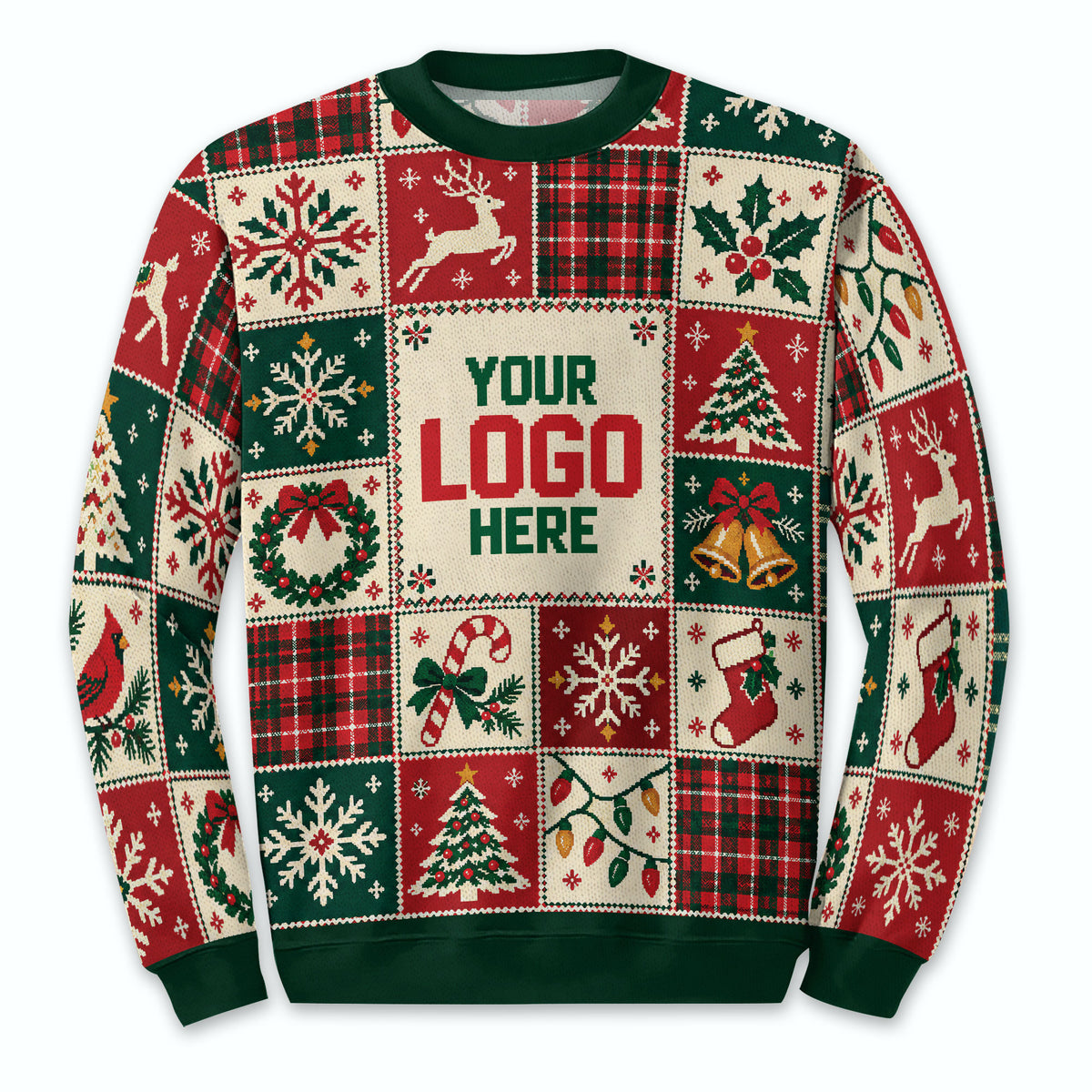 Custom Logo Ugly Christmas Sweater Patchwork Reindeer Plaid Grid Patterned Holiday Jumper