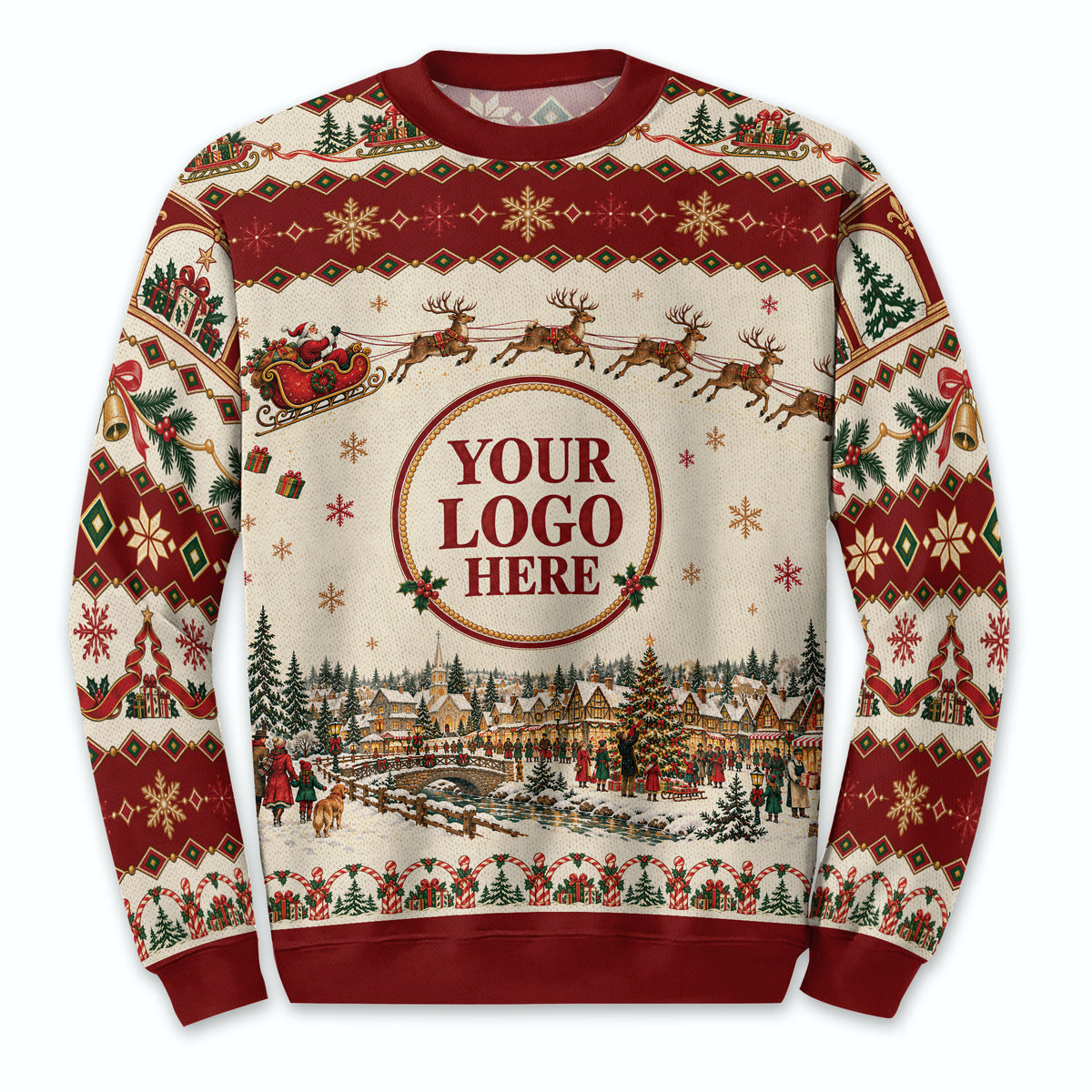 Custom Logo Ugly Christmas Sweater Vintage Santa Sleigh Reindeer Town Holiday Jumper