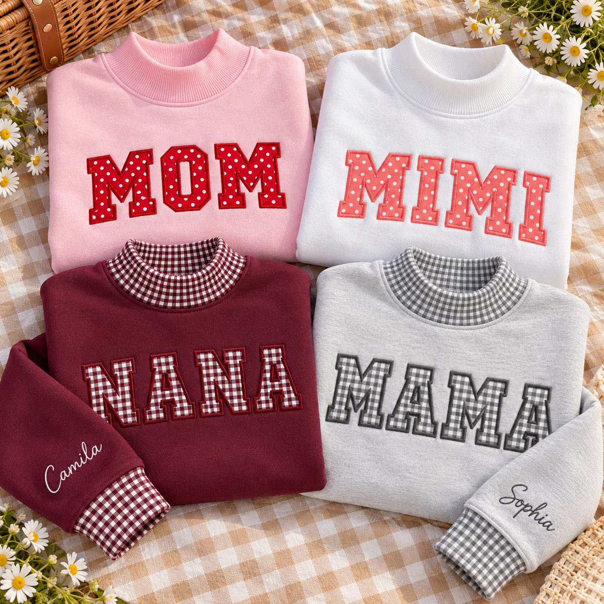 Custom Family Applique Embroid Name Gingham Collar Sleeve Pullover Mockneck Sweatshirt