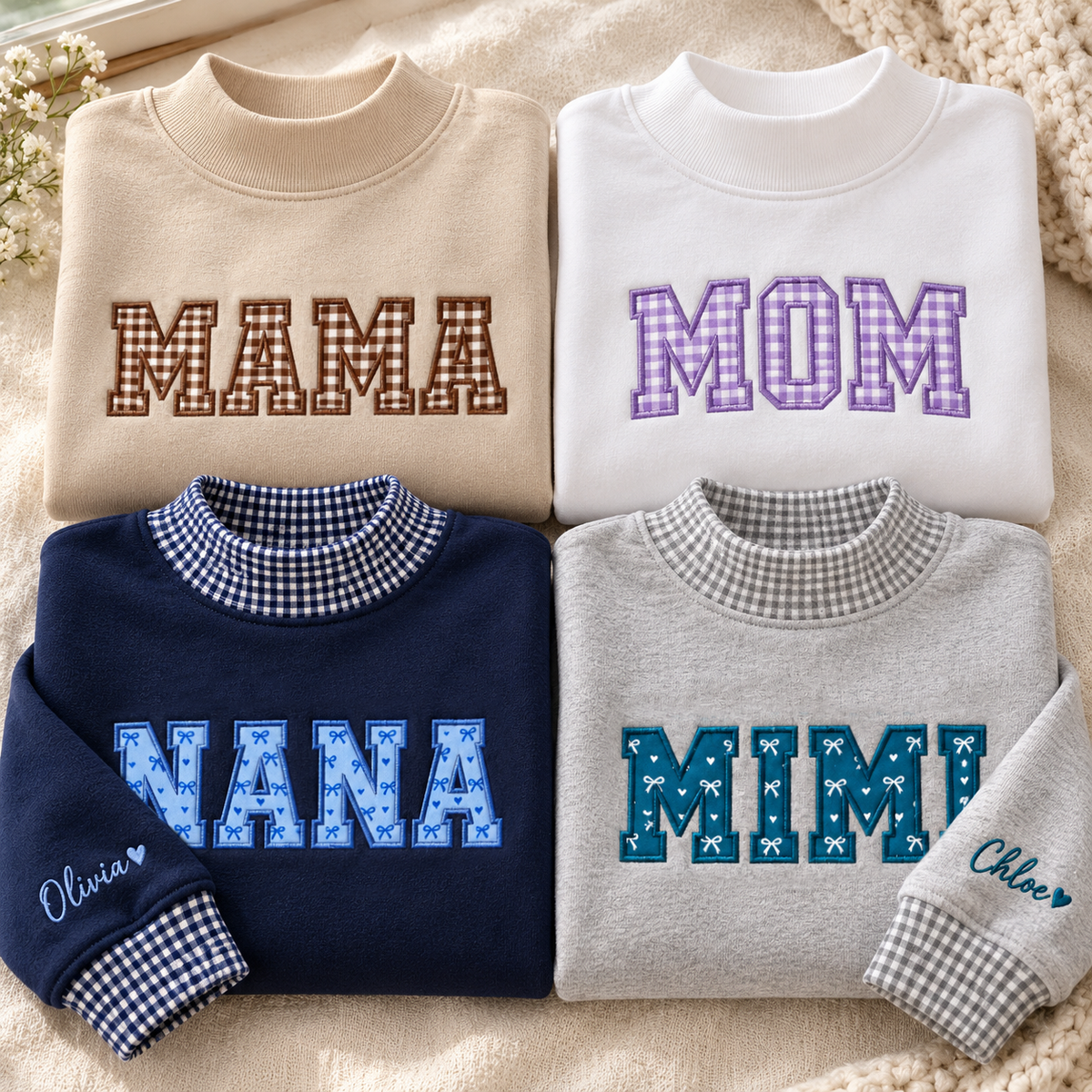 Custom Family Applique Embroid Coquette Bow Polka Dot Collar Mockneck Sweatshirt