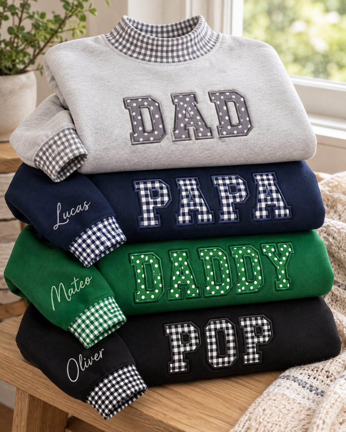 Custom Name Family Applique Embroid Gingham Polka Dot Collar Mockneck Sweatshirt