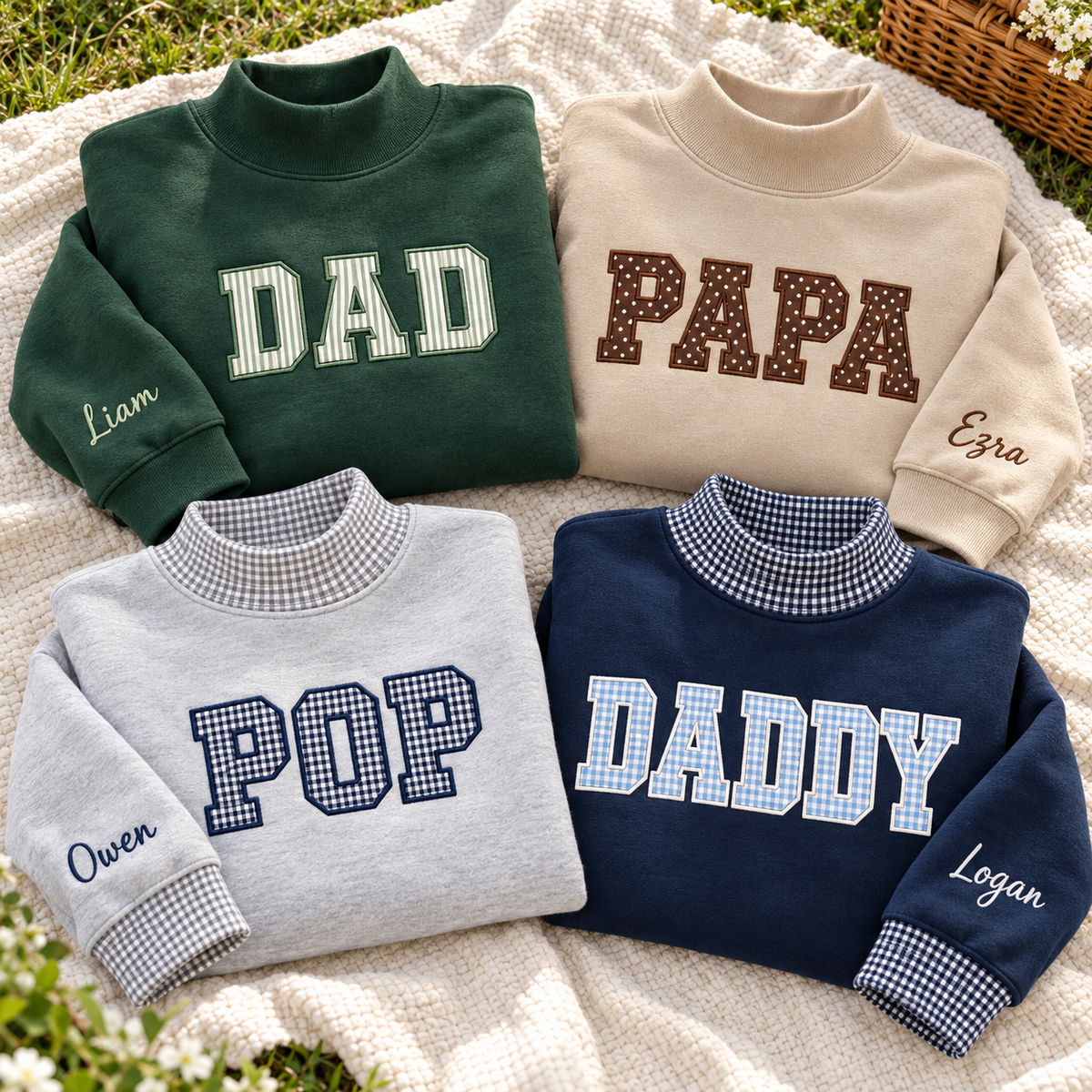 Custom Name Family Applique Embroid Stripe Gingham Collar Sleeve Mockneck Sweatshirt