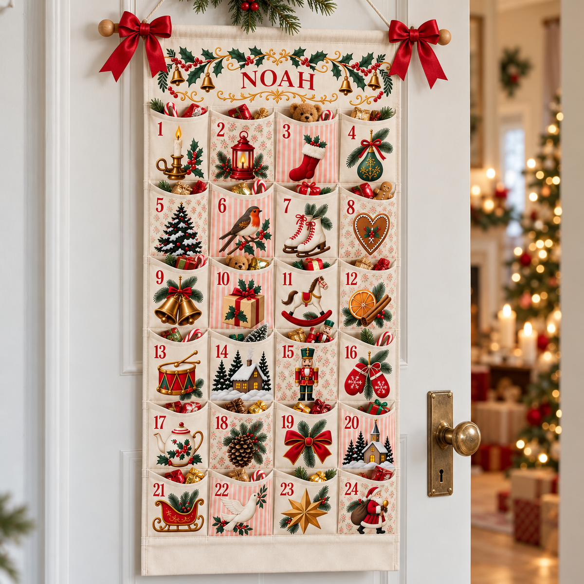 Custom Name Embroid Christmas Advent Calendar Classic Holiday Wall Hanging Pocket