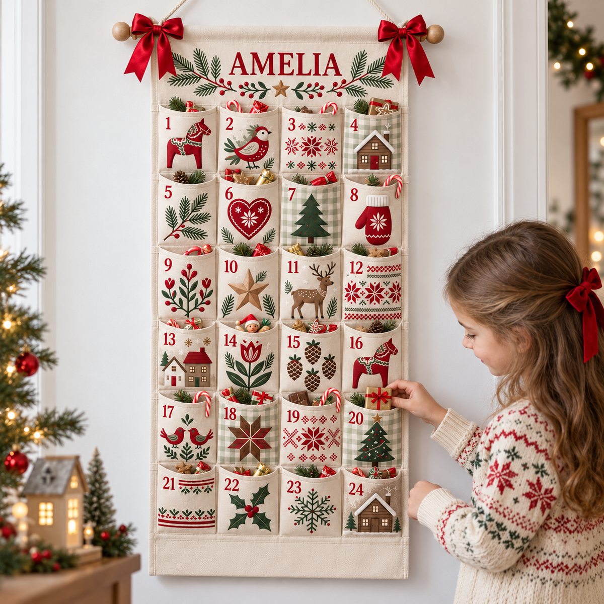 Custom Name Embroid Christmas Advent Calendar Nordic Folk Art Wall Hanging Pocket