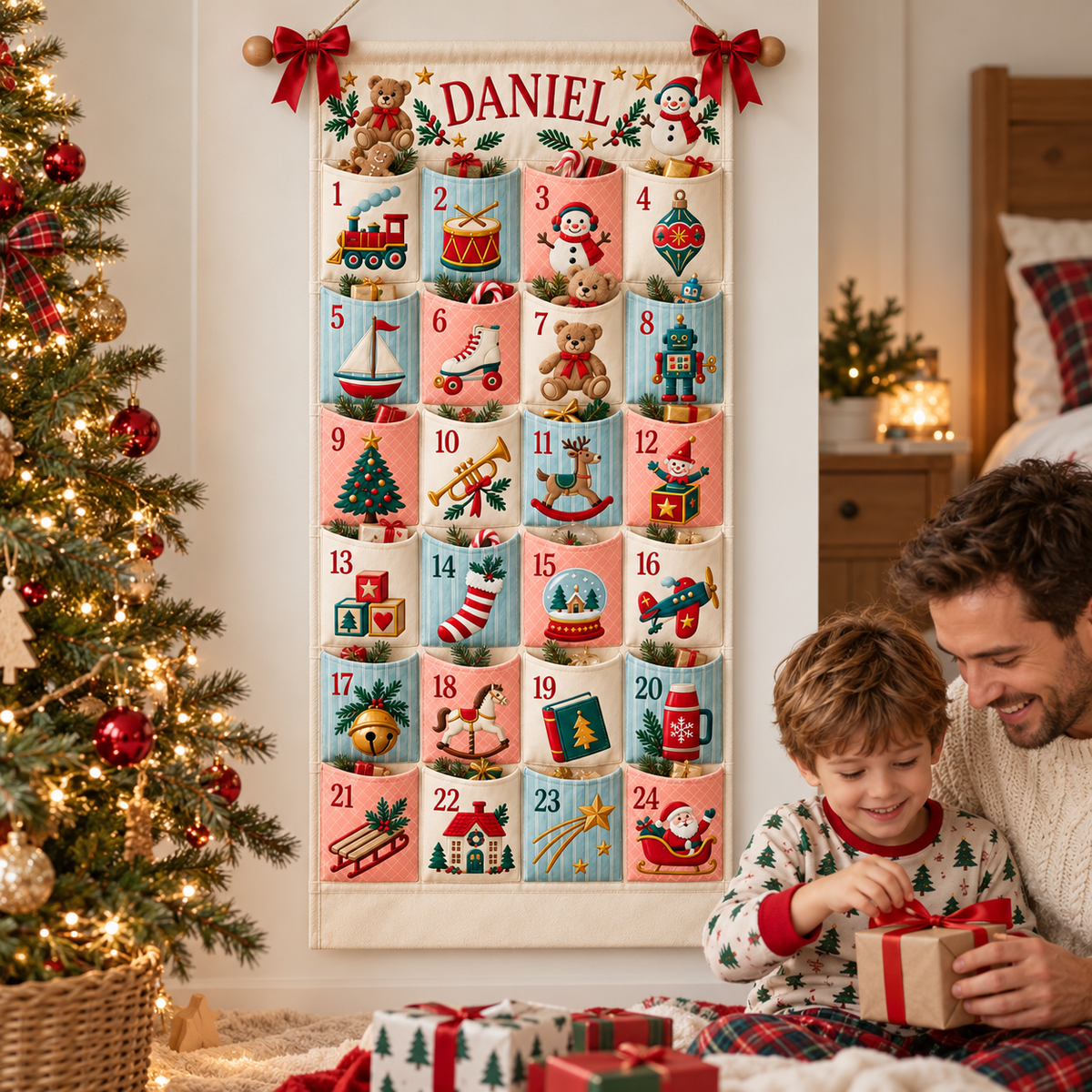 Custom Name Embroid Christmas Advent Calendar Retro Toy Train Wall Hanging Pocket