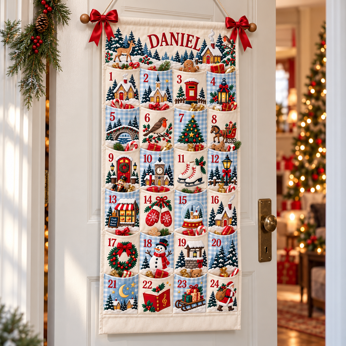 Custom Name Embroid Christmas Advent Calendar Country Village Wall Hanging Pocket