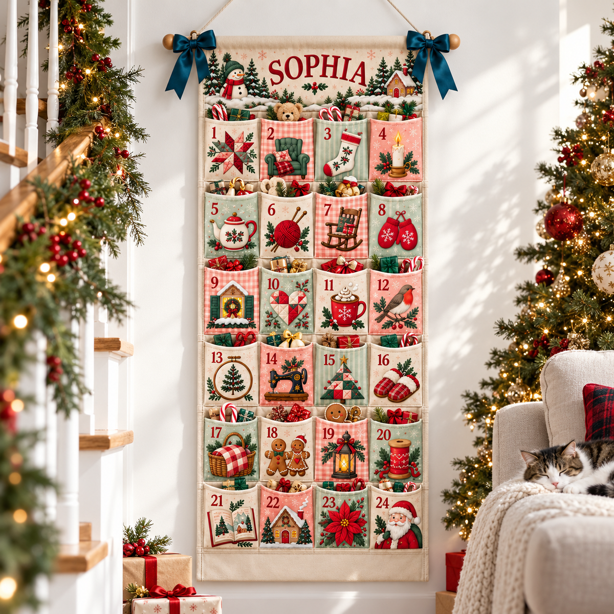 Custom Name Embroid Christmas Advent Calendar Cozy Handcraft Wall Hanging Pocket