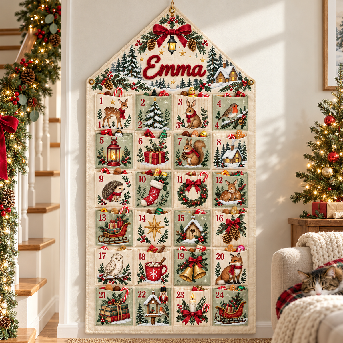Custom Name Embroid Christmas Advent Calendar Woodland Animal Wall Hanging Pocket