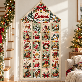 Custom Name Embroid Christmas Advent Calendar Woodland Animal Wall Hanging Pocket