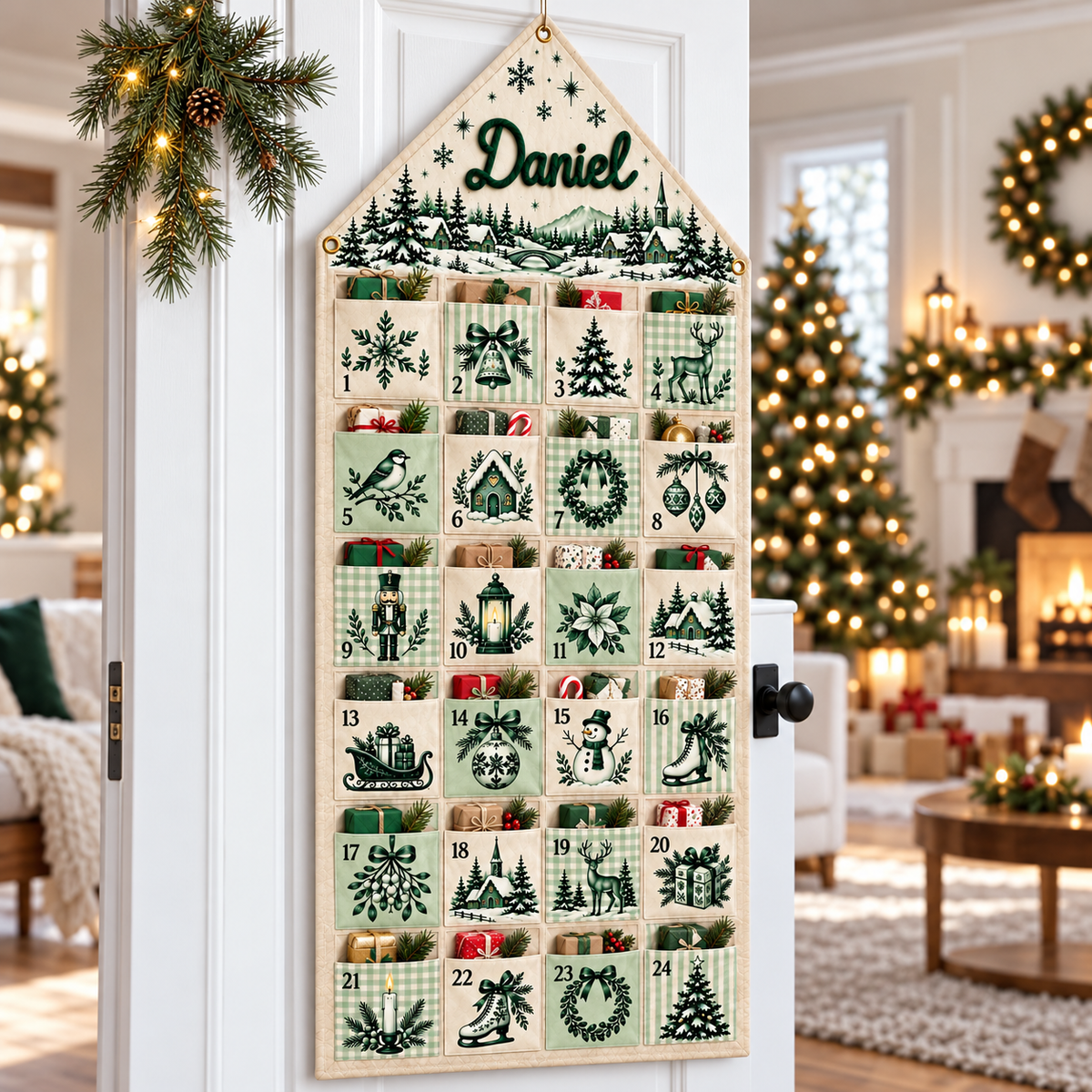 Custom Name Embroid Christmas Advent Calendar Toile De Jouy Vintage Wall Hanging Pocket