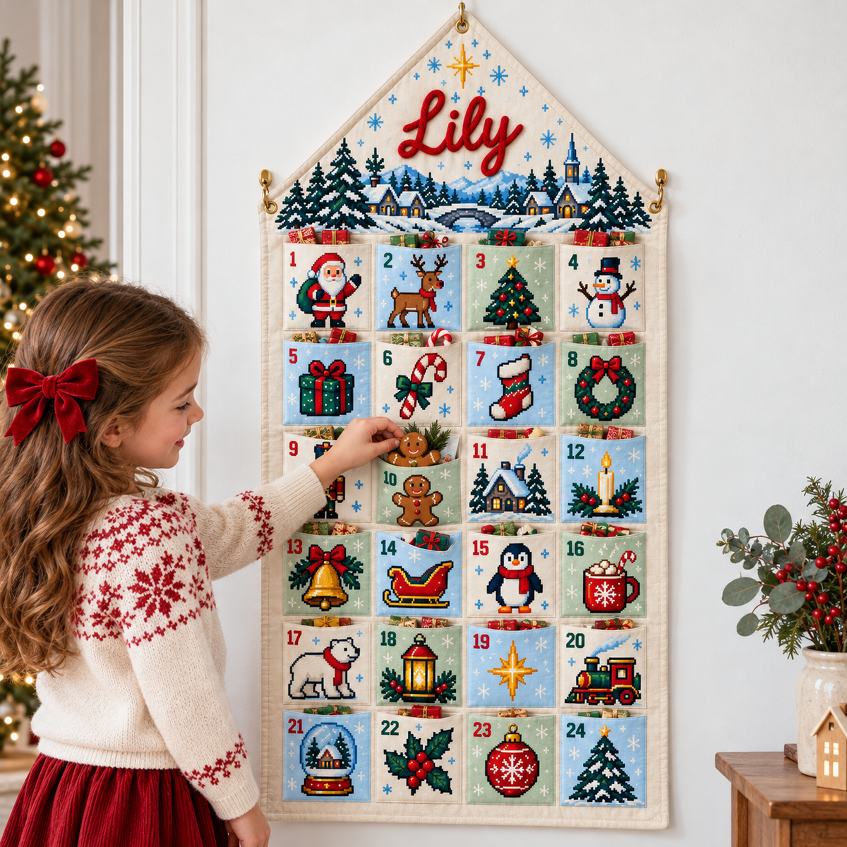 Custom Name Embroid Christmas Advent Calendar Pixel Art Santa Wall Hanging Pocket