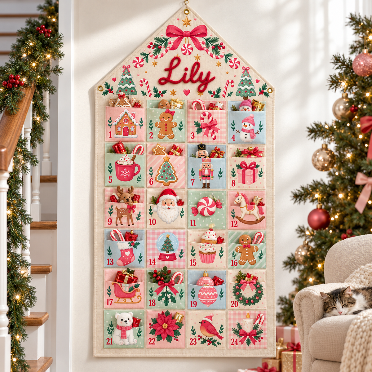 Custom Name Embroid Christmas Advent Calendar Gingerbread Santa Wall Hanging Pocket