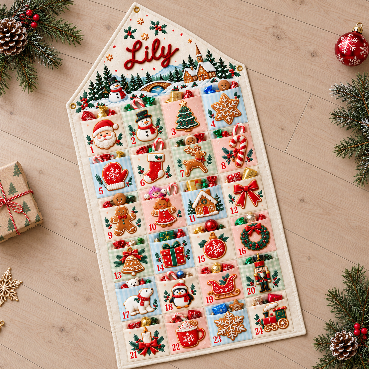 Custom Name Embroid Christmas Advent Calendar Gingerbread Snowman Wall Hanging Pocket