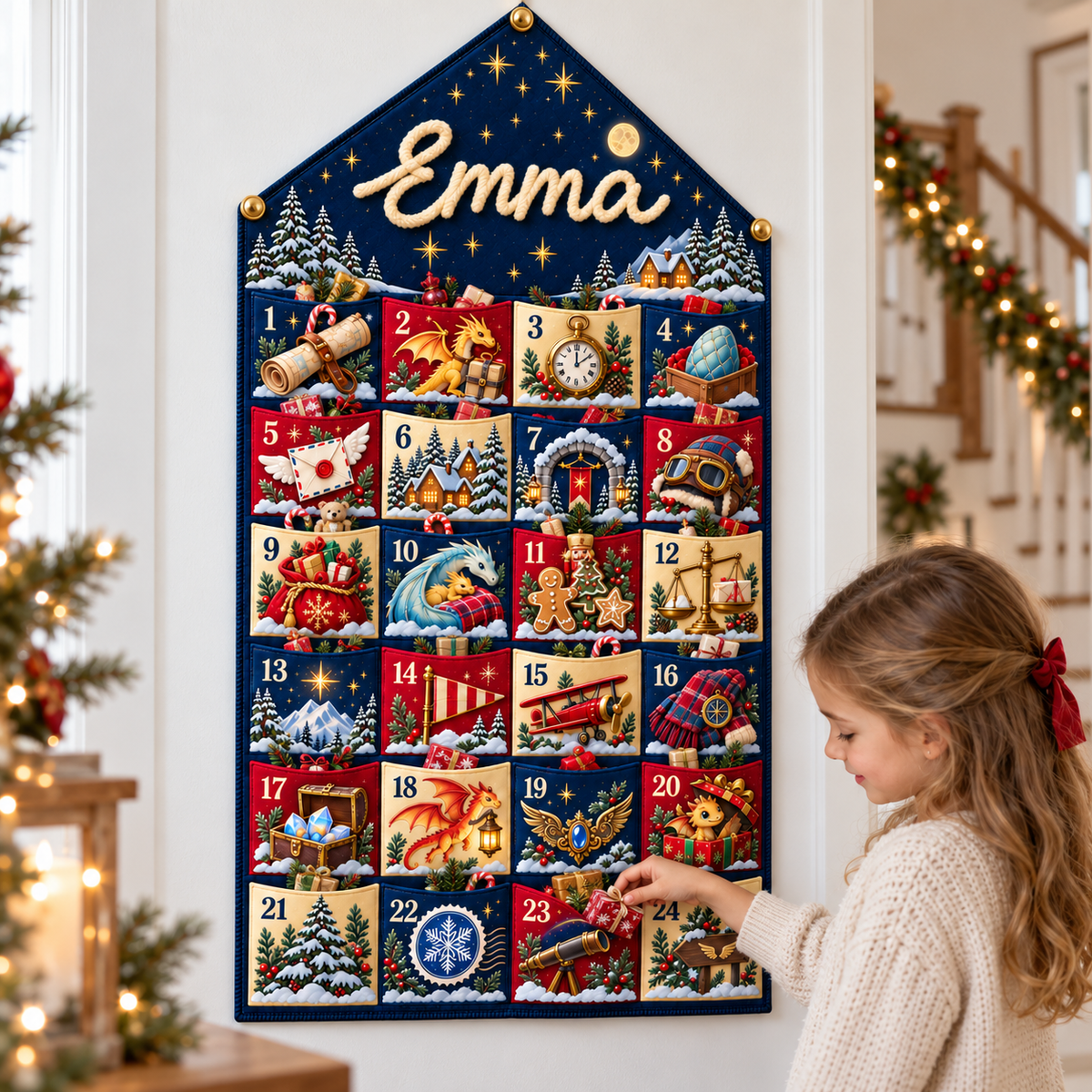 Custom Name Blue Embroid Christmas Advent Calendar Dragon Fantasy Wall Hanging Pocket