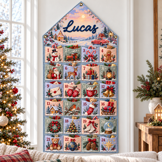 Custom Name Embroid Christmas Advent Calendar Winter Village Snowman Wall Hanging Pocket