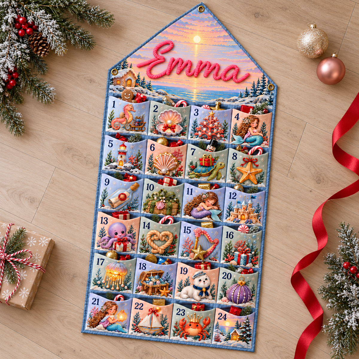 Custom Name Embroid Christmas Advent Calendar Mermaid Coastal Wall Hanging Pocket