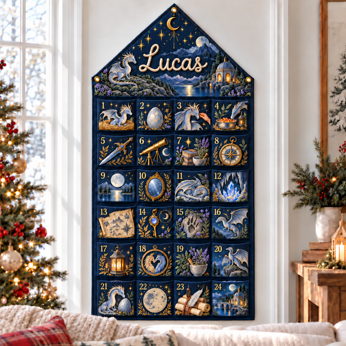 Custom Name Embroid Christmas Advent Calendar Dragon Fantasy Hanging Pocket Tapestry