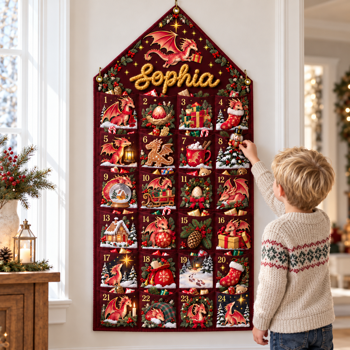 Custom Name Embroid Christmas Advent Calendar Baby Dragon Hanging Pocket Tapestry
