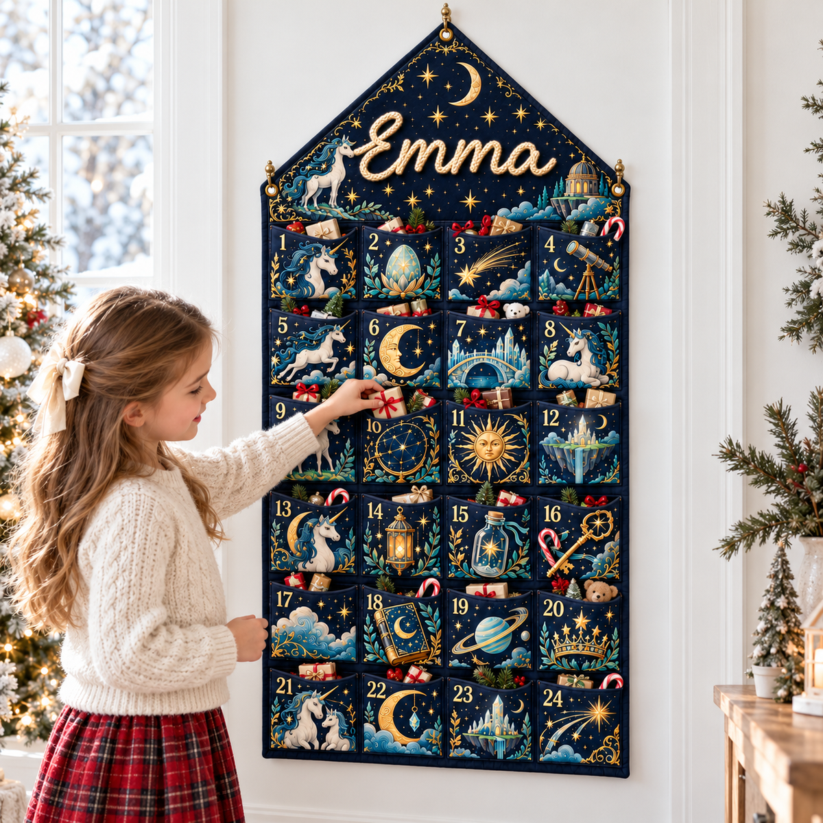 Custom Name Embroid Christmas Advent Calendar Unicorn Celestial Wall Hanging Pocket
