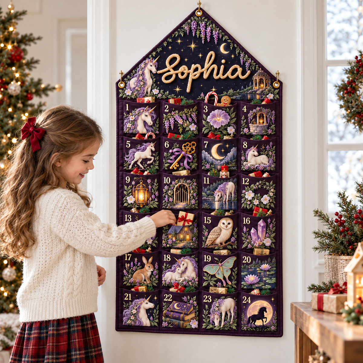 Custom Name Purple Embroid Christmas Advent Calendar Unicorn Wall Hanging Pocket