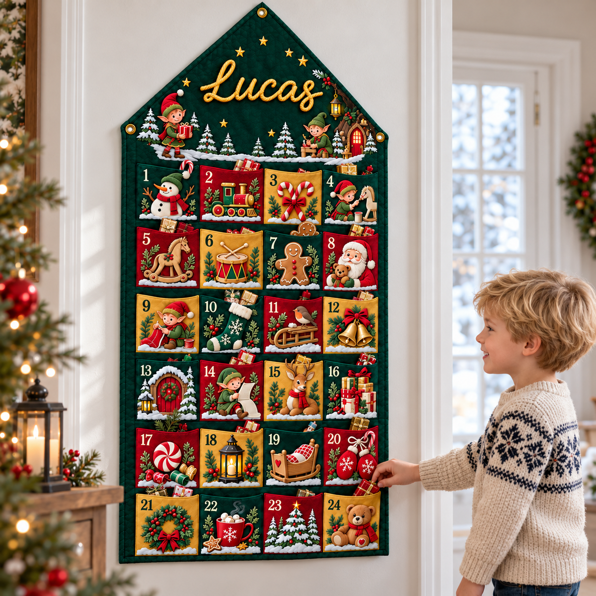 Custom Name Green Embroid Christmas Advent Calendar Elf Santa Wall Hanging Pocket