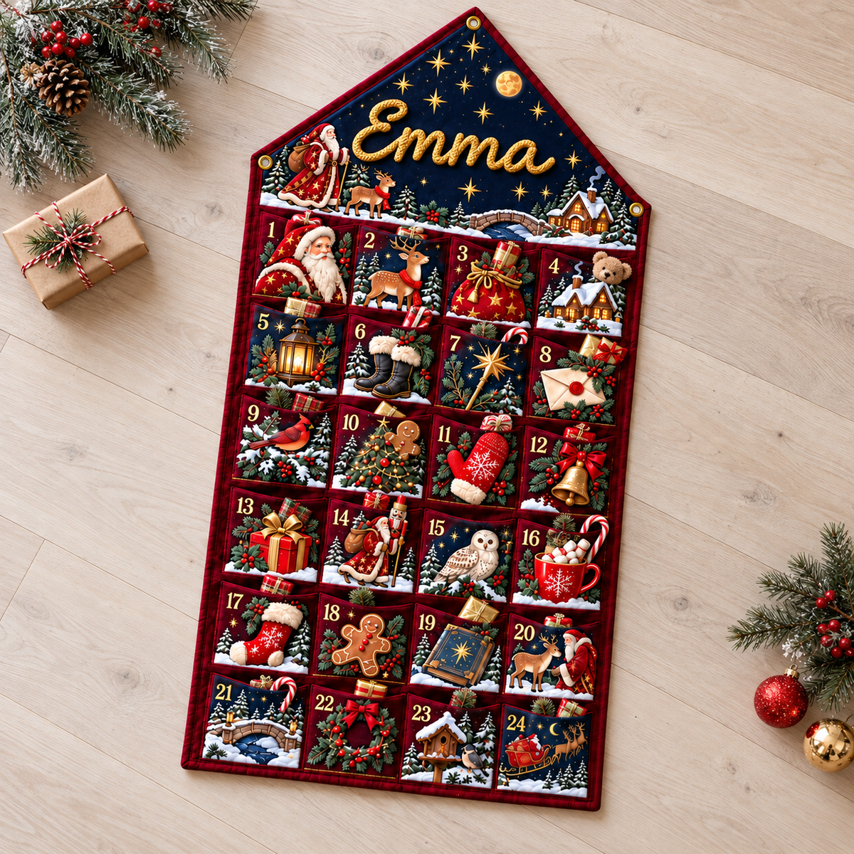 Custom Name Burgundy Embroid Christmas Advent Calendar Santa Reindeer Hanging Pocket