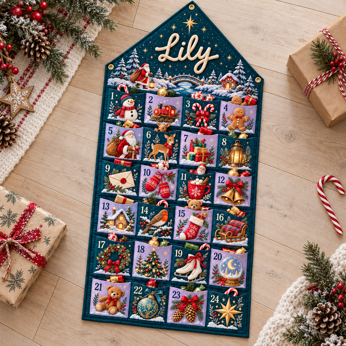 Custom Name Teal Embroid Christmas Advent Calendar Festive Snowman Wall Hanging Pocket