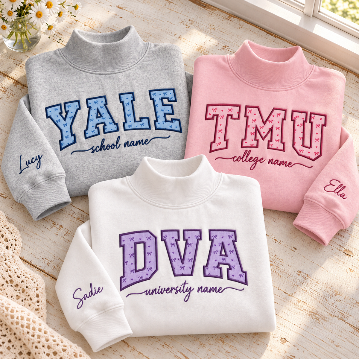Custom University Mockneck Sweatshirt Plaid Collar Custom College Sleeve Name Pullover