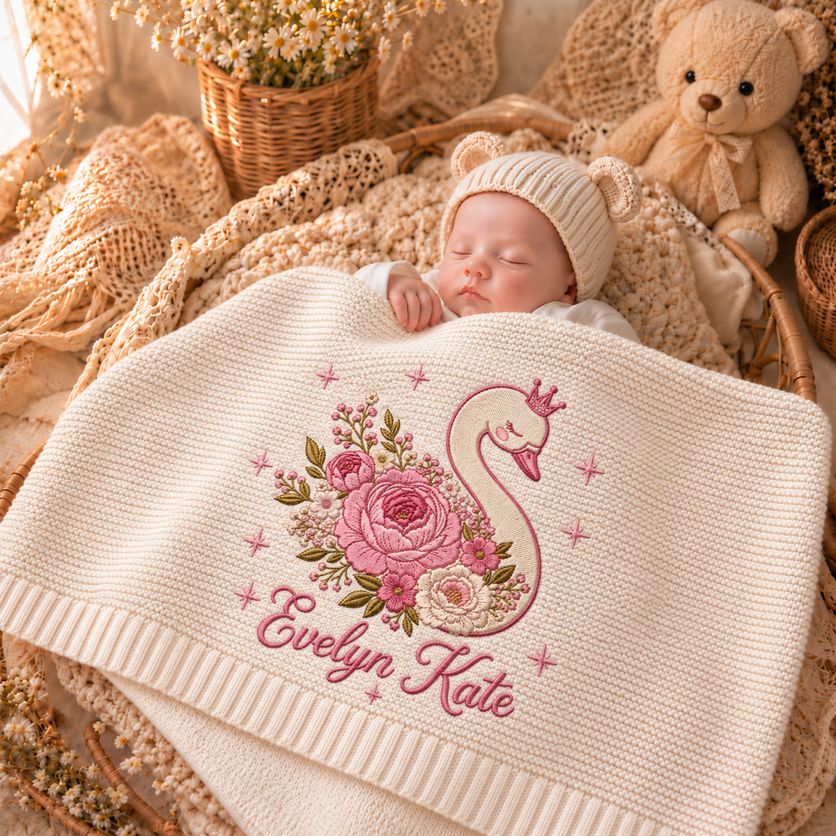 Custom Name Baby Knitted Blanket Swan Floral Crown Warm Infant Swaddle Sheet Throw Cover