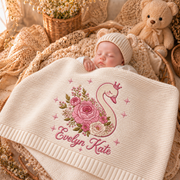 Custom Name Baby Knitted Blanket Swan Floral Crown Warm Infant Swaddle Sheet Throw Cover